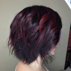 Black And Red Bob Hairstyles, Short Hair With Red Tips, Black With Red Highlights Short, Red Hair Color For Short Hair, Red And Black Short Hair Ideas, Short Dark Hair With Red Highlights, Black Hair Red Tips Short, Black Hair With Red Streaks Short, Red And Black Hair Color Ideas Short Hair