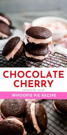 chocolate cherry whoopie pies on a cooling rack with the title overlay