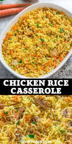 chicken rice casserole with carrots and parsley in the bottom left side