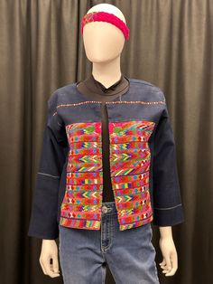 "This is one of a kind embroidered jacket handmade in Huehuetenango, Guatemala. Pair it with jeans, dress or a skirt. It is a beuatiful piece to add in your wardrobe. Measurements: Collar to bottom: 22\" Armpit to armpit: 21\" Arm Inseam: 22\" Caring Instructions:   - Wash separate with cold water. - Air Dry or lay flat" Spring Festival Outerwear With Geometric Embroidery, Bohemian Cotton Outerwear With Geometric Embroidery, Cotton Outerwear With Geometric Embroidery For Fall, Folk Style Cotton Outerwear For Spring, Folk Style Cotton Outerwear With Geometric Embroidery, Fitted Cotton Folk Outerwear, Folk Style Fitted Cotton Outerwear, Fitted Folk-style Cotton Outerwear, Fitted Folk Outerwear With Multicolor Embroidery