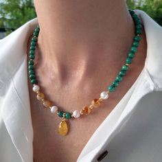 Malachite choker necklace with pearl and citrine pendant. Statement natural gemstone beaded necklace for women. Large green white yellow gold handmade necklace with bead and gemstone. Bohemian bright necklace in gold color are suitable for an casual look, evening look and for a holiday. These necklace will be a good Mothers day, anniversary, wedding or birthday gift for women, mom, wife, girlfriend, sister or daughter. Women's necklace with natural stone. It emphasizes the beauty of your neck an Elegant Beaded Necklace With May Birthstone Gemstone, Elegant Beaded Necklace With May Birthstone, Handmade Necklace For May Birthstone, Elegant May Birthstone Beaded Necklaces, Elegant Yellow Beaded Necklaces For Gifts, Yellow Gemstone Beaded Necklaces As Gift, Beaded Emerald Necklace For Gift, Handmade Yellow Pearl Necklace For Gift, Classic Green Gemstone Beads Necklace