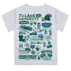 Let your kiddo look cool in his new Vive La Fete Impressions hand sketched artwork boys tee shirt. Let him play, go to the game, and cheer loudly and proudly with his Tulane University Green Wave gear by Vive La Fete.Celebrate and cheer on game day with our classic design Tulane University Green Wave Short Overstitched Crew Neck Sleeve Top. Officially Licensed product sold by Vive La Fete.This awesome graphics, fun and game day crew neck t-shirt features officially licensed Tulane University Gre Green T-shirt With Graphic Print For School Spirit, Green Graphic Print School Shirt, Green Graphic Print Shirt For School, Green Tops With Graphic Print For School Spirit, Green Graphic Print Top For School Spirit, Green Graphic Print Tops For School, College Shirt Design, University Merch, Tulane Green Wave