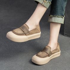 Gender: Women Type: Casual Shoes Main Materials: Cowhide Insole: Pigskin Sole: Rubber Type of Closure: Slip-on Style: Daily, Casual, Retro Season: Spring, Autumn Heel Height: Low (3.5 cm) Beige Slip-on Flats With Flat Bottom, Beige Slip-on Flats, Suede Flats With Round Toe, Brown Slip-on Low-top Flats, Brown Leather Shoes For Spring, Brown Slip-ons With Rubber Sole And Flat Bottom, Beige Flats With Leather Footbed, Beige Slip-on Flat Leather Shoes, Comfortable Beige Flats With Leather Footbed