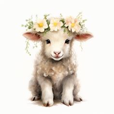 a painting of a sheep with flowers on its head, sitting in front of a white background