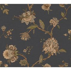 a wallpaper with flowers and leaves on a dark blue background that looks like fabric