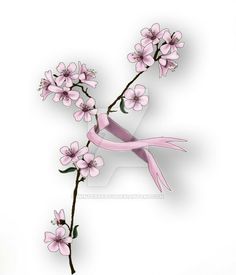 pink ribbon and flowers on white background