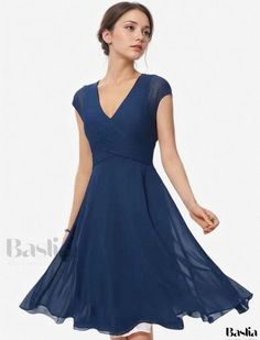 Baslia - Delicate Color Palette Formal Dress Elegant Fitted Chiffon Dress With Short Sleeves, Elegant Short Sleeve Chiffon Bridesmaid Dress, Flowy Knee-length Dresses For Wedding Guest, Elegant Knee-length Chiffon Bridesmaid Dress, Delicate Color Palette, Deep V Neck Dress, Blue Dress Formal, Wedding Dress Styles, Dress Styles