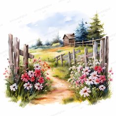 a watercolor painting of a country road with flowers in the foreground and a barn in the background