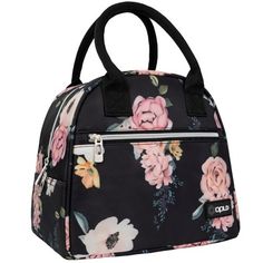 a black floral bag with pink flowers on the front and side zippered closures