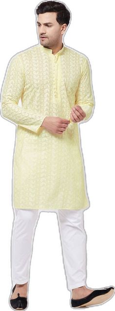 Buy Men's Pure Cotton Embroidered Kurta Set in Yellow Yellow Cotton Straight Kurta Sherwani, White And Yellow Kurta For Men, Kurtas For Men Style Indian Yellow, Cream Embroidered Straight Kurta Bandhgala, Semi-stitched Yellow Chinon Kurta, Pure Cotton, Man Shop, Yellow, Pure Products