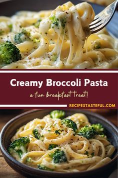 creamy broccoli pasta in a brown bowl with a fork full of it and the text overlay reads, creamy broccoli pasta a fun breakfast treat