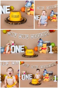 a collage of photos with winnie the pooh cake and other items in front of them