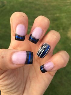 Blue Line Nails Law Enforcement, Police Inspired Nails, Acrylic Nail Designs Country, Back The Blue Nails, Police Nails Designs, Cop Nails, Acrylic Nails Latina, Camping Nails Designs, Police Nails