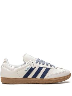 "Find ADIDAS Samba Og \"\"off Dark Blue\"\" Sneakers on Editorialist. off-white blue leather front lace-up fastening signature 3-Stripes logo logo patch at the tongue contrasting laces round toe branded insole gum-rubber sole These styles are supplied by a premium and authenticated sneaker marketplace. Stocking only the most sought-after footwear, they source and curate some of the most hard to find sneakers from around the world." Colors That Go Good With Navy Blue, Navy Blue Sambas, Shoes Inspo 2024, Cute Sambas, Adidas Trendy Shoes, Cute Addidas, Stockholm Style Shoes, Shoes For Italy, Colorful Sneakers Outfit