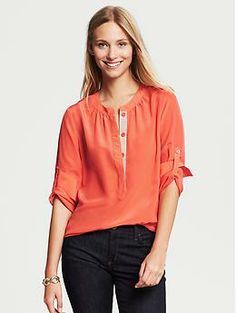 Silk Snap-Front Blouse | Banana Republic Spring Split Neck Blouse With Placket, 3/4 Sleeve Tops With Placket For Work, Workwear Tops With Placket And 3/4 Sleeve, Workwear Tops With 3/4 Sleeve And Placket, Workwear Blouse With Split Neck And Placket, Split Neck Placket Top For Work, Split Neck Workwear Top With Placket, Work Suits, Roll Up Sleeves