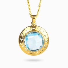 Light circle Blue Topaz necklace set in outer circle band Yellow Gold necklace made in earth Luxury Topaz Birthstone Necklace, Yellow Gold Blue Topaz Necklaces With Diamond Cut, Yellow Gold Topaz Necklace With Round Pendant, Yellow Gold Necklace With Round Topaz, Yellow Gold Topaz Round Necklace, Gold Blue Topaz Birthstone Necklace, Elegant Blue Topaz Birthstone Necklace, Fine Jewelry Blue Topaz Round Pendant Necklace, Faceted Blue Topaz Yellow Gold Jewelry