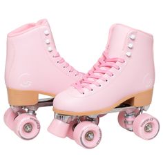 a pair of pink roller skates with wheels