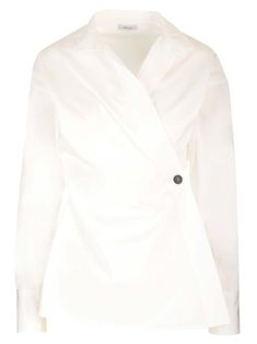 Shirt from Ferragamo in white poplin, with asymmetric 1-button closure, small collar, dropped shoulder, buttoned cuffs. White Asymmetrical Tops For Workwear, White Asymmetrical Tops For Work, White Blouse With Hidden Button Closure For Work, White Lapel Collar Blouse For Work, White Blouse With Lapel Collar For Work, Modern White Blouse With Fold Down Collar, Chic White Blouse For Business, Chic White Business Shirt, Chic Asymmetrical Office Shirt