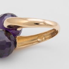 Elegant estate bypass ring, crafted in 18 karat yellow gold.   Checkerboard faceted amethyst orbs each measure 12mm. The amethyst is in excellent condition and free of cracks or crisps.     The amethysts are set in a ''Moi et Toi'' design, a French term for ''Me and You''. Great for day or evening wear. The checkerboard faceted amethysts offer a subtle shimmer with every movement of the ring.   The ring is in very good condition and was recently professionally cleaned and polished.   Particulars Bypass Ring, Vintage Jewellery, Evening Wear, Vintage Jewelry, Gemstone Rings, Amethyst, Wedding Rings, Yellow Gold, Engagement Rings