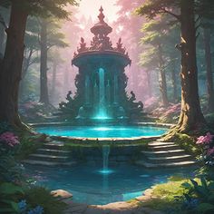 an artistic painting of a fountain in the middle of a forest with steps leading up to it