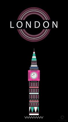 the big ben clock tower towering over london in pink and turquoise on a black background