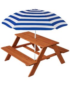 a picnic table with an umbrella over it for shade from the sun on a white background