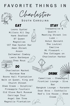 a poster with the words favorite things in charleston and other places to eat, drink, and