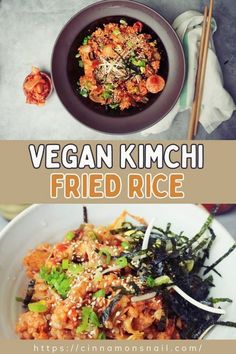 vegan kimchi fried rice in a bowl with chopsticks on the side