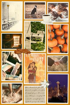 a collage of photos with pumpkins and other things in them, including pictures