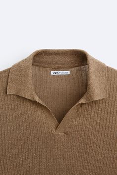 LINEN - VISCOSE KNIT POLO SHIRT - taupe brown | ZARA United States Trendy Ribbed Collared Polo Sweater, Classic V-neck Top With Ribbed Collar, Casual V-neck Polo Shirt With Ribbed Collar, Spring Collared Fine Knit Polo Sweater, Spring Fine Knit Collared Polo Sweater, Summer V-neck Tops With Ribbed Collar, Classic Collared Knit Top For Fall, Casual Collared Knit Top For Spring, Trendy Collared Top With Seamless Collar