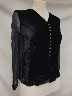 1940's pure silk velvet and chiffon sleeve top with plastic black and gold buttons. Fits a size small Eu 36 Uk 8 Good vintage condition. Handmade vintage item from the 1940's. Party Silk Blouse With Buttons, Silk Party Blouse With Buttons, Fitted Velvet Top For Formal Occasions, Vintage Party Blouse With Buttons, Elegant Velvet Evening Blouse, Vintage Black Blouse For Evening, Vintage Party Top With Button Closure, Elegant Fitted Velvet Blouse, Elegant Black Velvet Blouse