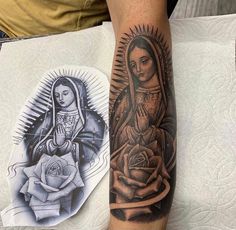 a man with a tattoo on his arm next to an image of the virgin mary