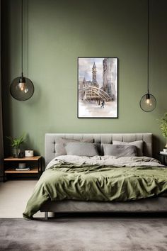 Toronto Watercolor Painting Green And Grey Room Aesthetic, Olive Green Theme Bedroom, Mens Bedroom Ideas Green, Green Grey And Black Bedroom, Men’s Room Color Ideas, Grey And Green Palette, Dark Green And Gray Bedroom, Dark Green Wall Bedroom, Black White Green Bedroom