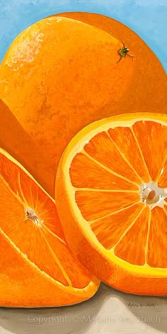 an oil painting of oranges cut in half