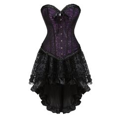 Accentuate your silhouette with one of our amazing corsets. This overbust style comes with a skirt and features luxurious polyester and spandex fabric with a satin exterior, ribbon trim, and hooks and lace-up detailing. Our corset dresses are beloved by drag queens! Materials: Spandex, polyester Bone material: Plastic Closure: Hooks, lace-up IMPORTANT: Please, measure yourself and check the size chart before placing your order. Select the size according to your natural waistline measurement. If you're in between 2 sizes, please, select the smaller one. If your bust doesn't fit in that size, you should opt for an underbust corset. The size chart is accurate. If you need help to pick the right size, please, provide your measurements at info@thedragqueencloset.com and we will advise you. // Gothic Corset Dresses, Steampunk Corset Dress, Corset Steampunk, Burlesque Corset, Carnival Dress, Mode Rose, Corset Skirt, Style Steampunk, Steampunk Corset