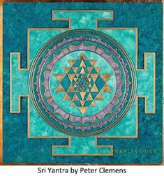 the sri yantra by peter clemens is shown in blue, green and gold