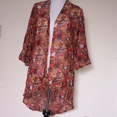 Brand New Say What Hi/Lo Kimono Sizes : M And Xs Open Front Floral Print Tops For Day Out, Floral Print Open Front Tops For Day Out, Red Open Front Tops For Spring, Red Open Front Top For Spring, Fall Floral Print Open Front Tops, Spring Red Open Front Top, Casual Red Open Front Top, Lacy Tank Top, Brown Corset