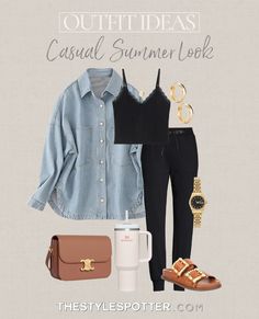 SHOP Casual Summer Outfit Ideas 2023. The look is built of closet essentials that will be useful and versatile in your capsule wardrobe. Tags: summer outfits, date night outfit, casual outfit, college outfit, practical outfit, affordable outfit, summer outfit aesthetic, summer trends, summer date night outfit, chanel bag, summer vacation outfit, beach outfit, old money outfit, summer work outfit, concert outfit, denim jacket outfit, birkenstocks outfit, celine triomphe bag outfit, gold watch Beach Date Outfits Women, 10 Days Outfits Travel, Cinema Aesthetic Outfit, Black Denim Jacket For Summer, Cinema Outfit Ideas Casual, Black Summer Cardigan Casual Style, Trendy Button-up Denim Jacket For Summer, Black Chanel Bag Outfit Summer, Movie Night Outfit Casual