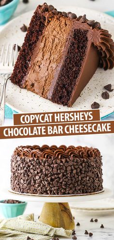 chocolate cake with text overlay that says copycat hersheys chocolate bar cheesecake