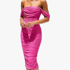 Pink Ruched Form Fitting Dress Never Used New With Tags Pink Off-shoulder Ruched Dress, Strapless Ruched Bodycon Midi Dress, Strapless Bodycon Midi Dress With Ruched Detail, Strapless Bodycon Ruched Midi Dress, Ruched Draped Midi Dress For Cocktail, Pink Ruched Midi Dress For Night Out, Pink Ruched Bodycon Dress For Evening, Strapless Ruched Bodycon Dress For Brunch, Pink Strapless Ruched Midi Dress