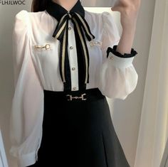 Chic Cute Black and White Bow Tie Blouse · KoKo Fashion · Online Store Powered by Storenvy Express Bow-tie Blouse, Black And White Bow Tie, White Bow Tie, Bow Tie Blouse, Fall Blouse, Tops And Blouses, Women Long Sleeve Tops, White Bow, Tie Blouse