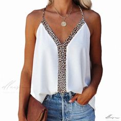 Elluis - Stylish and Alluring Leopard Print Sleeveless Top with Sensual Backless Design and Refined Solid Color Collar White Sleeveless Halter Top With Straps, Printed Sleeveless Top, Backless Design, Types Of Collars, Casual Women, Leopard Print, Sleeveless Top, Chiffon, Solid Color