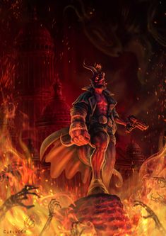 a demonic demon standing on top of a pile of fire