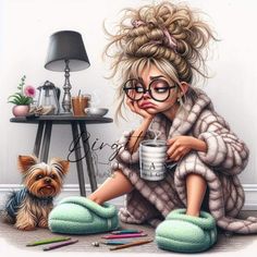 a painting of a woman sitting on the floor with her dog and holding a coffee cup