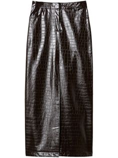 mole brown embossed crocodile effect concealed front fastening belt loops slip pockets to the sides front slit rear welt pocket ankle-length straight hem Crocodile Print, Maxi Styles, Style Skirt, Ostrich Feathers, Faux Leather Skirt, Straight Skirt, Suit Accessories, Event Styling, Mole