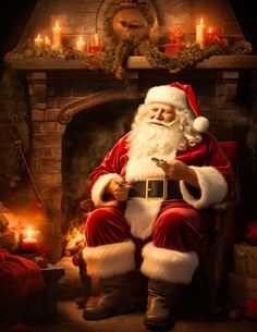 a man dressed as santa claus sitting in front of a fire place holding a cell phone