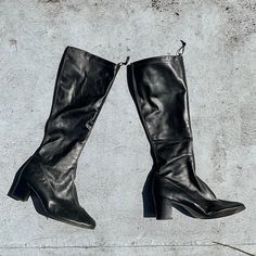 Vintage Mod 60s Black Leather GoGo Boots.  Vintage Tall High Heeled Boots.  Vintage Gogo Leather Boots.  Vintage 70s Low Heel Boots.  Sz 9.5. Approx. Size: - 9 1/2 Heel Height: - 2.5" Vintage and pre-owned items may show signs of  imperfection and/or usage, see pics.  Accessories (if shown); N/A Sold as is. Shipping UPDATE:  - Please see shipping times for estimated ship/delivery times.  - Your patience is appreciated, thanks. Domestic SHIPPING:  - As usual, we ship very fast and very efficient.  - We may use recycled packages / packaging   - Helps alleviate shipping costs   - Environment friendly INT'L SHIPPING:  - We happily ship to overseas clients  - Contact us for a quote Questions? Just Ask! We're happy to assist! 😃 1970 Boots, Vintage Wide Calf Knee-high Heeled Boots, 1970s Boots Women, Vintage Knee-high Platform Boots, 1960’s Boots, Mod 60s, Low Heel Boots, Gogo Boots, Vintage Boots