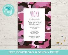 camo birthday party card with pink and brown camouflage print