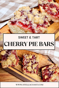 sweet and tart cherry pie bars on a wooden cutting board with text overlay