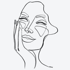 a black and white drawing of a woman's face with her hands to her face